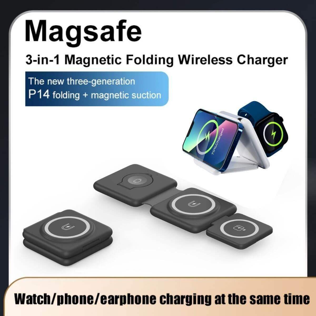 Folding Wireless Charger 3 in 1 - Magnetic Suction - Black // Sublake 