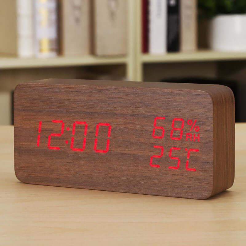 LED Alarm Clock Wooden - Modern Design & Multifunctional - Red light // Sublake 