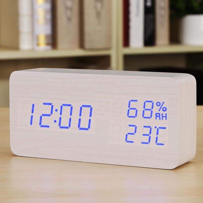 LED Alarm Clock Wooden - Modern Design & Multifunctional - Blue light // Sublake 