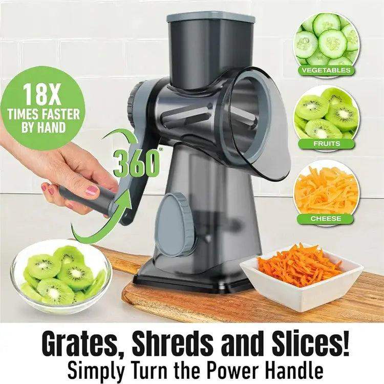 3-in-1 rotary cheese grater slicing vegetables on wooden board