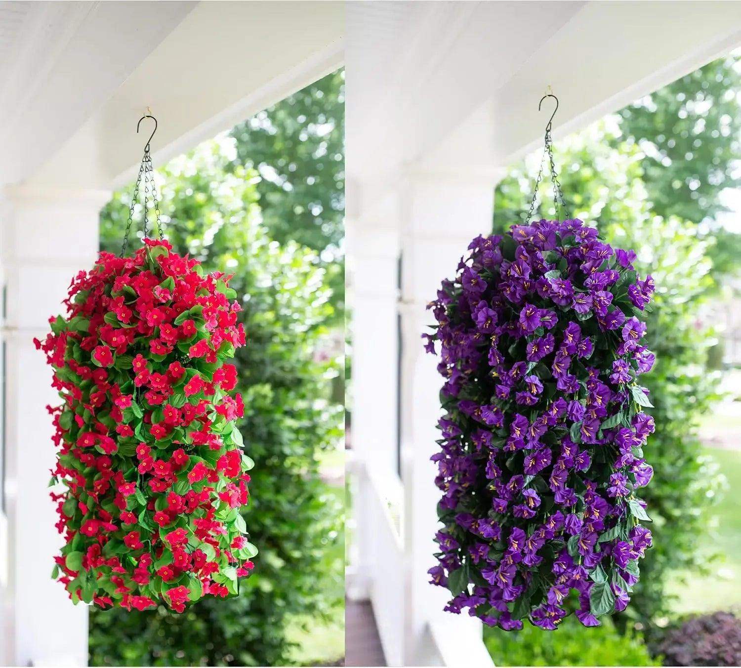 Artificial hanging plants with red and purple faux flowers for outdoor decoration, ideal for home garden or patio.