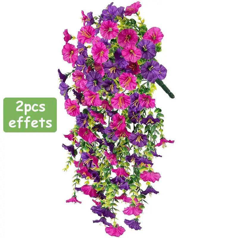 Artificial faux silk hanging morning glory flowers in vibrant purple and pink, perfect for outdoor home decoration.