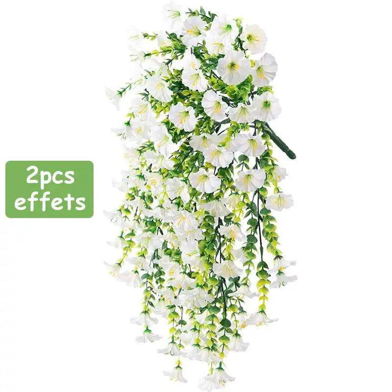 Artificial silk morning glory hanging plants with long vines for home and outdoor decoration.