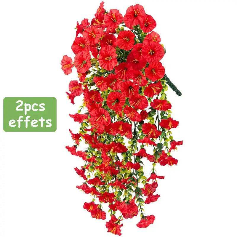 Red artificial morning glory flowers hanging vines for outdoor home decoration, ideal for planters and parties.