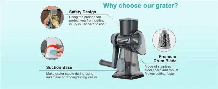 3‑in‑1 Rotary Cheese Grater – Manual Slicer & Nut Grinder - Sublake 