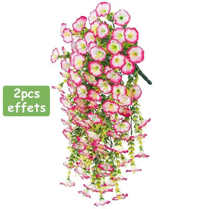 Artificial pink morning glory hanging plant with long vines for home and garden decor, featuring two pieces.