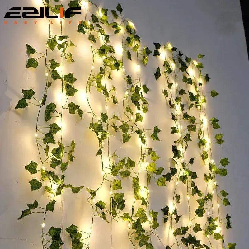 12/10/2m Fake Green Leaf Ivy Vine with LED Lights Home Bedroom Decor Wedding Glowing Artifical Plant Garland Home Decor - Sublake 