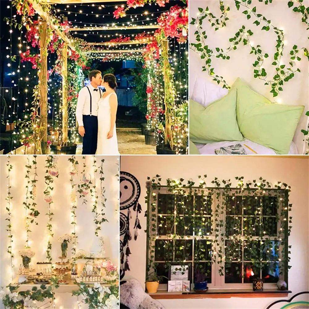 12/10/2m Fake Green Leaf Ivy Vine with LED Lights Home Bedroom Decor Wedding Glowing Artifical Plant Garland Home Decor - Sublake 