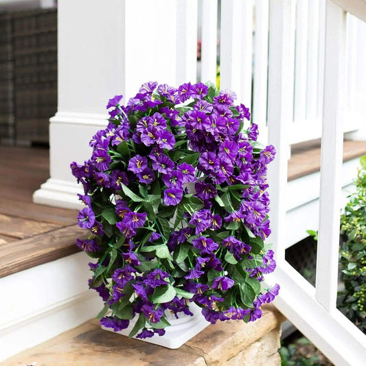 Artificial silk morning glory hanging plant in a white planter, perfect for home garden and outdoor decoration.