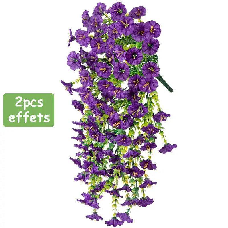 Purple faux silk morning glory hanging plant with long vines, perfect for outdoor home decoration.