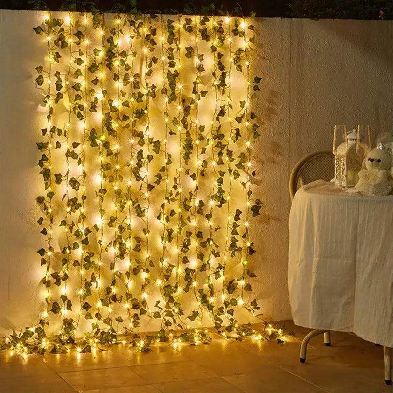 12/10/2m Fake Green Leaf Ivy Vine with LED Lights Home Bedroom Decor Wedding Glowing Artifical Plant Garland Home Decor - Sublake 
