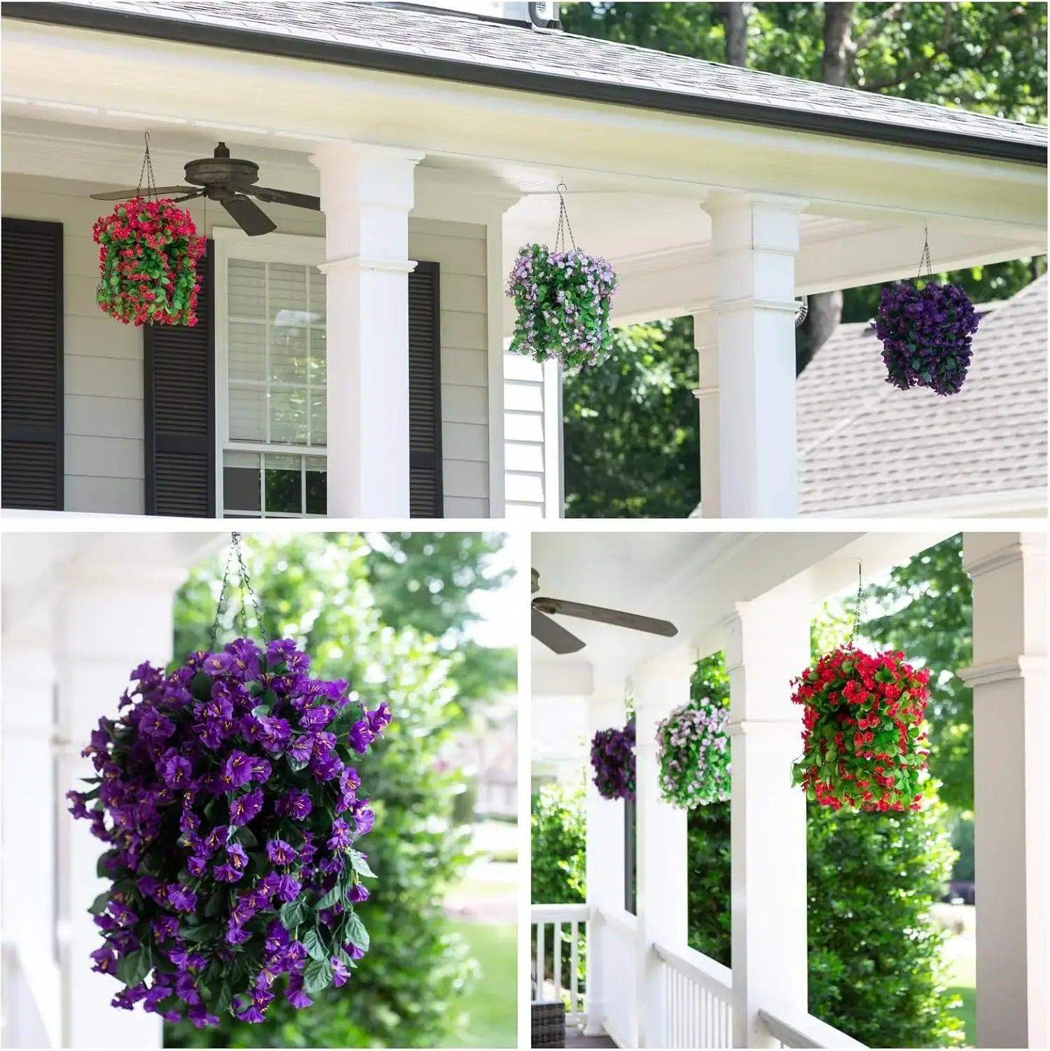 Hanging artificial silk flowers in purple and pink, enhancing porch decor with vibrant colors for outdoor charm.